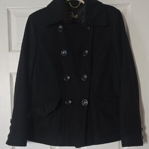 Guess Wool Blend Black Double Breast Button Up Pea Coat L